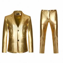 men's Shiny Gold 2 Pieces Suits Blazer+Pants Terno Masculino Fi Party DJ Club Dr Tuxedo Suit Men Stage Singer Clothes A2oN#