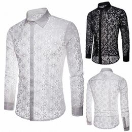 men Sexy Lg Sleeve Solid Color Lace See Through Clubwear Butt Down Shirt soft and skin-friendly shirt b9j8#