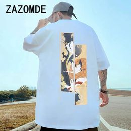 ZAZOMDE Retro TShirts For Men Crane Print Trendy Tees Mens Clothing Street Harajuku Loose Short Sleeve Daily Casual Tops 240315