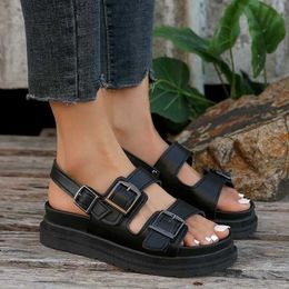 Sandals Gladiator Platform Womens 2023 Summer Flat Shoes Fashion Casual Metal Buckle Soft Sole H240328RNHN