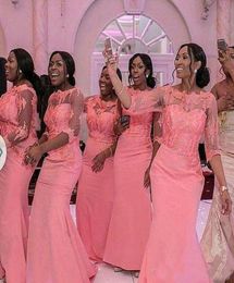 2019 African Blush Pink Mermaid Bridesmaid Dresses Plus Size Long Sleeves Wedding Guest Dress vintage Lace Cheap Formal Prom Gowns3586157