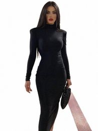 Hugcitar Women Fi Turtleck LG Sleeves Black Sexy Bodyc Maxi Prom Dr 2022 Fall Casual Streetwear Costume F8iv#