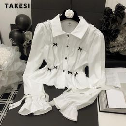 Women's Blouses Korean Casual Style Turn-down Collar Puff Sleeve Solid Colour 2024 Autumn Women Black Bow Single Breasted White Shirts