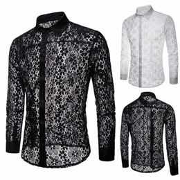 turn Down Collar Cott Men Shirts Lg Sleeve Butts Shirt Men Solid Colour Sexy Lace See Through Clubwear Down Shirt 66F5#