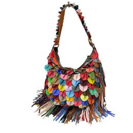 Retro women's bag new tassel women's bag Colourful splicing single shoulder crossbody bag 040224