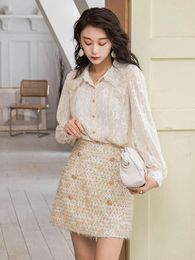 Work Dresses GypsyLady Beige Elegant Chic Dress Set Blouse Shirt A-line Mini Skrit Spring Autumn Women Office Ladies 2 Pieces Outfit