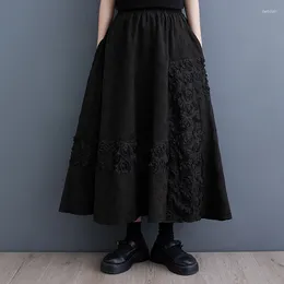 Skirts #3036 Spring Summer Black Split Joint A-line Skirt Women Loose High Waisted Vintage Femme Stereoscopic Flower Ankle-length