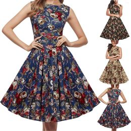 Casual Dresses Retro Court Floral Printed Summer Dress For Women Vintage Sleeveless Party Big Swing Vestidos Ladies Pleated Midi