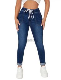 Women's Jeans 2023 Fall New Women Elastic Waist Ankle-Length Jeans High Waist Stretch Fashion Drawstring Skinny Denim Pencil Pants S-2XL 24328