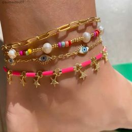 Anklets Neon Charm Star Pendant CZ Stone Rainbow Enamel Feet Chain Gold Womens Bracelet Pendant Fashion JewelryL2403