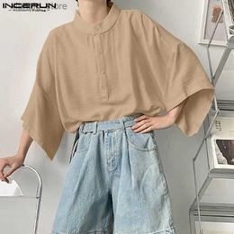 Men's T-Shirts Men Shirt Solid Color Stand Collar Short Sleeve Streetwear Loose Camisas Korean Style Oversize 2023 Men Clothing S-5XL24328