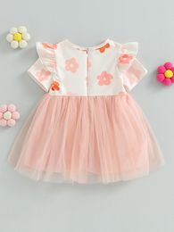 Baby Girl s Tutu Dress with Floral Print Ruffled Layers and Lace Details Short Sleeves Zip Clre Princess Style for 240326