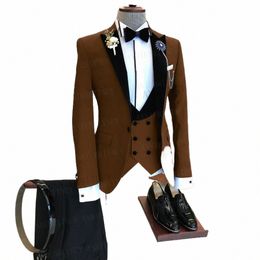 2022 Classic Brown Suit Men 3 Pieces Custom Made Fi Groom Wedding Suit Tuxedo Elegant Party Busin Blazer Vest Pants Set j1Et#