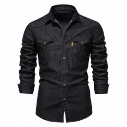 elastic Cott Denim Shirt High Quality Men Lg Sleeve Solid Colour Pocket Shirts for Men Casual Slim Fit Mens Designer Clothing O4N8#