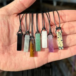 Natural Stone Pendant 7x24mm Rectangle Quartz Pillar bar Rope Adjustable chain necklace Tiger Eye lapis Pink Crystal charms Jewellery for women men