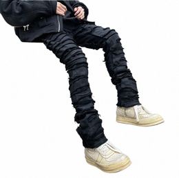 heavy Industry Hole Frayed Destructi Waxed Jeans Mens High Street Retro Straight Ripped Pencil Pants Oversize Denim Trousers D9gO#