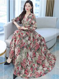 Women Spring Autumn Midi Casual Dress Beach Floral Chiffon Robe Chic Elegant Evening Dresses For Party Korean Fashion Maxi 240320