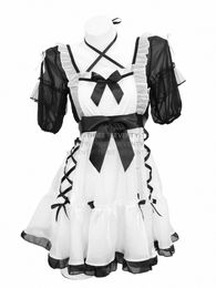 sexy Nightdr Cute Lace Up Black and White Maid Dr Role Play Costume Transparent Chiff Cosplay Anime Uniform Temptati j2QK#