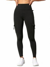 sexy Fi Slim Fit Solid Wide Waistband Running Exercise Yoga Stretch Pockets Tinker Cargo Leggings G7TB#