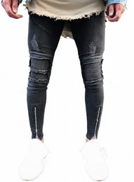 ankle Zipper Ripped Mens Jeans Black Supper Skinny Biker Jeans Men Distred Slim Famous Brand Jeans Male High Quality D5hV#