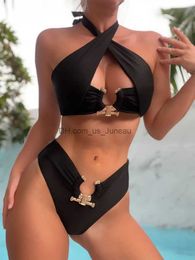 Women's Swimwear 2023 Women Solid Two Pieces Swimsuits Sexy Halter Backless Bikini Set Female Beach Bathing Swimming Suits Mujer Thong Biquini T240328