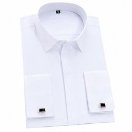 men's Classic French Cuffs Solid Dr Shirt Fly Frt Placket Formal Busin Standard-fit Lg Sleeve Office Work White Shirts 28i7#