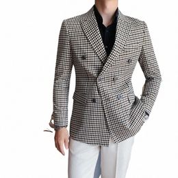 british Style Slim Fit Houndstooth Blazer For Men 2023 Fi Double Breasted Busin Office Wedding Dr Suit Jacket q0lC#