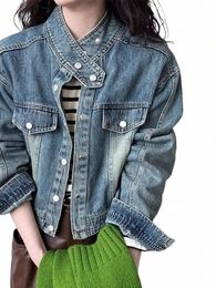 chic Spring Autumn Stand Collar Lg Sleeve Woman Jacket Loose Vintage Single Breasted Denim Coat Double Pockets Fall Outerwerar f8Qr#