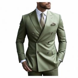 green Men's Suits Solid Colour 2 Piece Wedding Double Breasted Groom Formal Busin Suits Daily Wear Tailored Made Male Blazers A8ob#