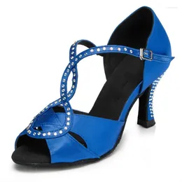 Dance Shoes Ladies Women Satin Rhinestones Latin Ballroom Sandals High Heels Blue Black Color