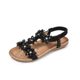 Sandals BEYARNECommfortable Flat Shoes Womens Large Size Summer Bohemian Flower Rhinestone Beach Thongs H240328UCNT