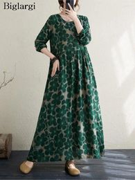 Casual Dresses Floral Flower Print Oversized Long Dress Cotton Linen Sleeve Fashion Ruffle Pleated Ladies Loose Woman