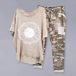 Women's Two Piece Pants Casual Women Suit Flower Camouflage Print Top Set With Irregular Hem Short Sleeves Drawstring Waist 2 For Ladies