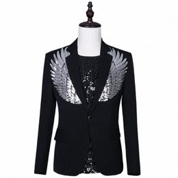 casual Men's Suit Jacket Black White Singer Stage Clothing Multi-colored Sequin Wings Dr Suit Coat Single Butt Male Blazers i65W#