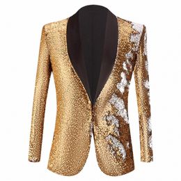 light Gold Sequin One Butt Shawl Collar Suit Jacket Men Bling Glitter Nightclub Prom DJ Blazer Jacket Men Wedding X3xf#