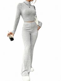2024 Spring Knitted 2 Piece Sets Women Tracksuit Lg Sleeve Vintage Sweater Crop Top Flare Pants Stretch Matching Suit Outfit c1Pb#