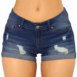 Pantaloncini di jeans estivi da donna a vita alta Plus Size Pantaloncini di jeans strappati a vita alta Pantaloncini di jeans elasticizzati Estate delle donne j54v #