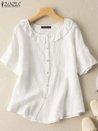 ZANZEA Vintage Cotton Blouse Fashion Women Solid Ruffle Tops Casual Short Sleeve Shirts Summer O Neck White Camisa Oversize 240328