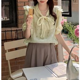 Women's Blouses Summer Solid Color V-neck Fashion Short Sleeve Blouse Women Elegant High Street Lacing Bow Pullovers Printing Ruffles Tops
