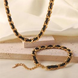 Necklace Earrings Set 316L Stainless Steel British Style Street Hip-hop Trend Spicy Girl Woven Leather Rope Bracelet Women's Jewellery