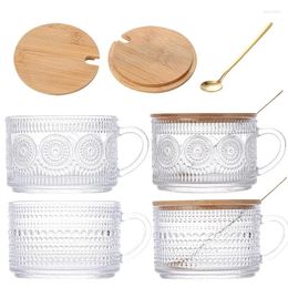 Wine Glasses 150ml Vintage Oat Cup With Bamboo Cover Spoon Coffee Transparent Glass Handle Embossed SUNFLOWER Breakfast