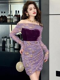 Casual Dresses Celebrity Sexy Prom Dress Women Chic Purple Elastic Mesh Off Shoulder Pleated Wrap Hip Bodycon Gown Party Night Club Vestidos