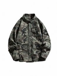 military Style Camoue Men's Cargo Shirt Casual Loose Fi Multi Pockets Vintage Versatile Simple Cosy Lg Sleeve Blouse V2CJ#