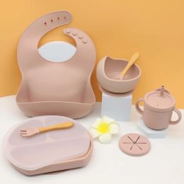 Albums New Baby Silicone Tableware Set Dining Plate with Sucker Antislip Saucer Bowl Bibs Spoon Fork Sippy Cup Kids Training Dishes