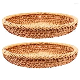 Baking Tools 2 Pack Rattan Woven Storage Basket Bread Display Fruit Candy Cake Tray For Keys Wallet Cell Phone(7.5Inch)