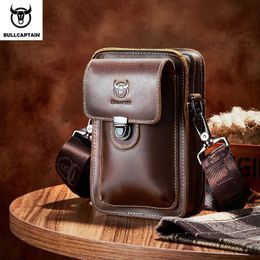 BULLCAPTAIN Crazy Horse Leather Male Waist Pack Phone Pouch Bags Bag Mens Small Chest Shoulder Belt Back YB075 240326