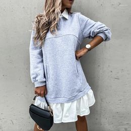 Casual Dresses Preppy Style Turn-down Collar Pocket Ladies Long Sleeve Solid Patchwork Mini Dress Streetwear Loose Button Vestido