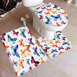 Bath Mats Colourful Butterfly Mat Set Watercolour Butterflies Abstract Art Flannel Home Carpet Bathroom Decor Floor Rugs Toilet Cover