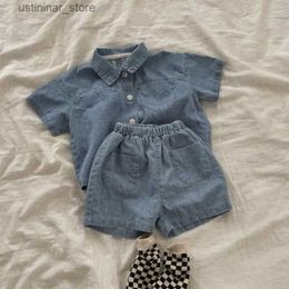 T-shirts 2023 Summer New Baby Short Sleeve Denim Jacket Clothes Set Solid Boys Girl Casual Shorts 2pcs Suit Cute Kids Jean Outfits24328