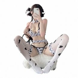 women Cow Girl Anime Cosplay Costumes Maid Dr Sexy Underwear Lingerie with Cow Print Stockings Stage Show Uniform Suit Set s50a#